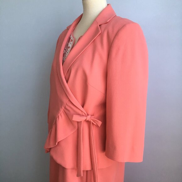 Sharagano Noir Peach Ruffle Wrap Crepe Blazer Suit Jacket 12 V Neck Work - Picture 3 of 11